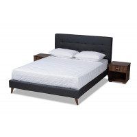 Baxton Studio CF9058-Charcoal-Full Maren Mid-Century Modern Dark Grey Fabric Upholstered Full Size Platform Bed with Two Nightstands